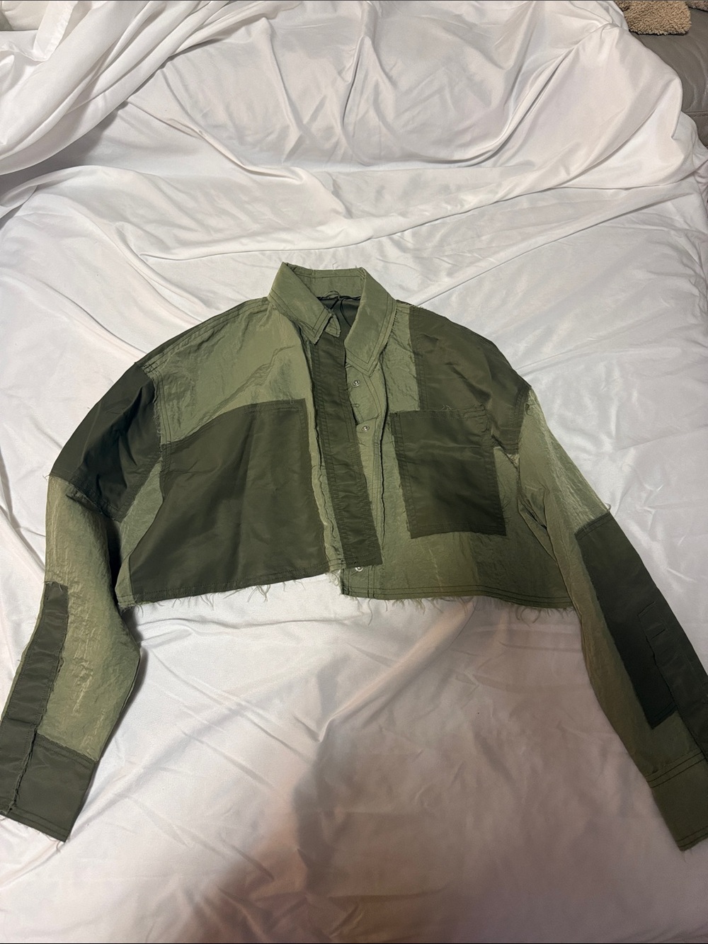 Zara Cropped Patchwork Jean Jacket in Olive Green